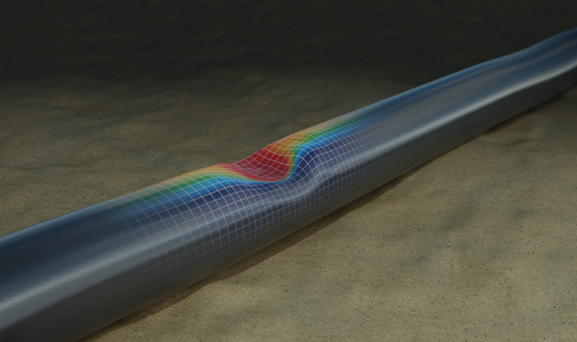 3D rendering of a dent in a pipeline showing finite element analysis results