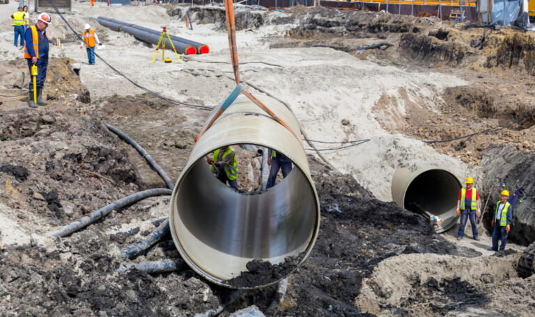BELGRADE, SERBIA - MARCH 31, 2018: Big Diameter FRP pipe installation, Fiberglass Reinforced Plastic pipe reduces the size of the lifting equipment required, lowering installation costs.