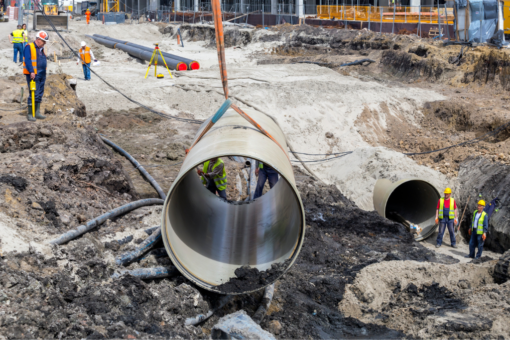 BELGRADE, SERBIA - MARCH 31, 2018: Big Diameter FRP pipe installation, Fiberglass Reinforced Plastic pipe reduces the size of the lifting equipment required, lowering installation costs.